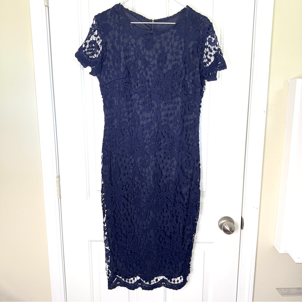 Elegant Navy Blue Lace Overlay Short Sleeve Dress